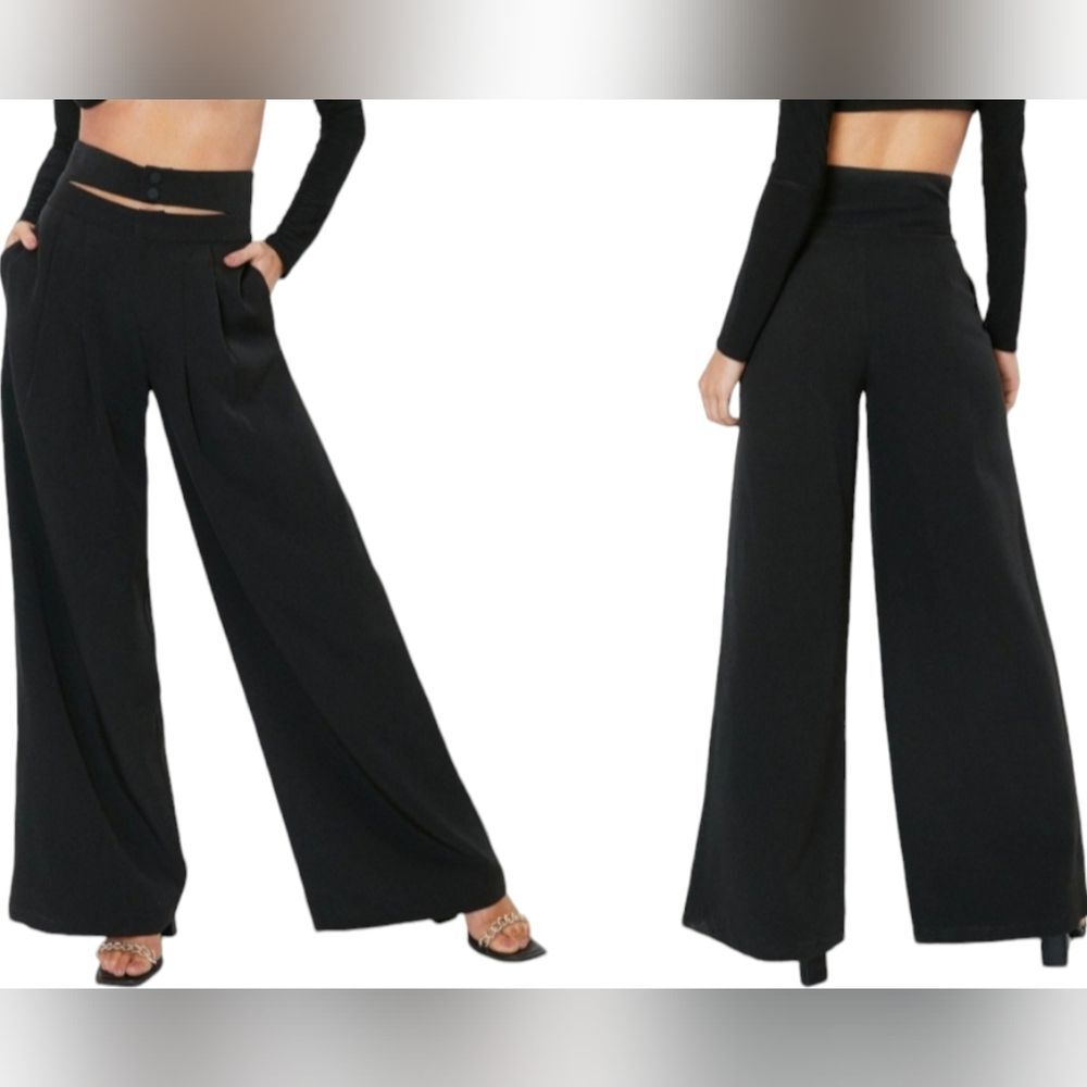 Nasty Gal Size 10 Petite Black Double High Waist Wide-Leg Refined Trousers NWT
